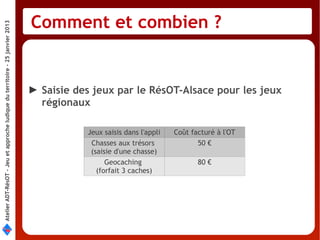 Comment et combien ?
Atelier ADT-RésOT – Jeu et approche ludique du territoire - 25 janvier 2013




                                                                              ► Saisie des jeux par le RésOT-Alsace pour les jeux
                                                                                régionaux

                                                                                          Jeux saisis dans l'appli   Coût facturé à l'OT
                                                                                           Chasses aux trésors              50 €
                                                                                           (saisie d'une chasse)
                                                                                                Geocaching                  80 €
                                                                                             (forfait 3 caches)
 