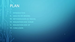 PLAN
I. INTRODUCTION
II. ANALYSE DES BESOINS
III. MÉTHODOLOGIES DE TRAVAIL
IV. RÉALISATION AVEC SCRUM
V. RÉALISATION AVEC XP
VI. CONCLUSION
2
 