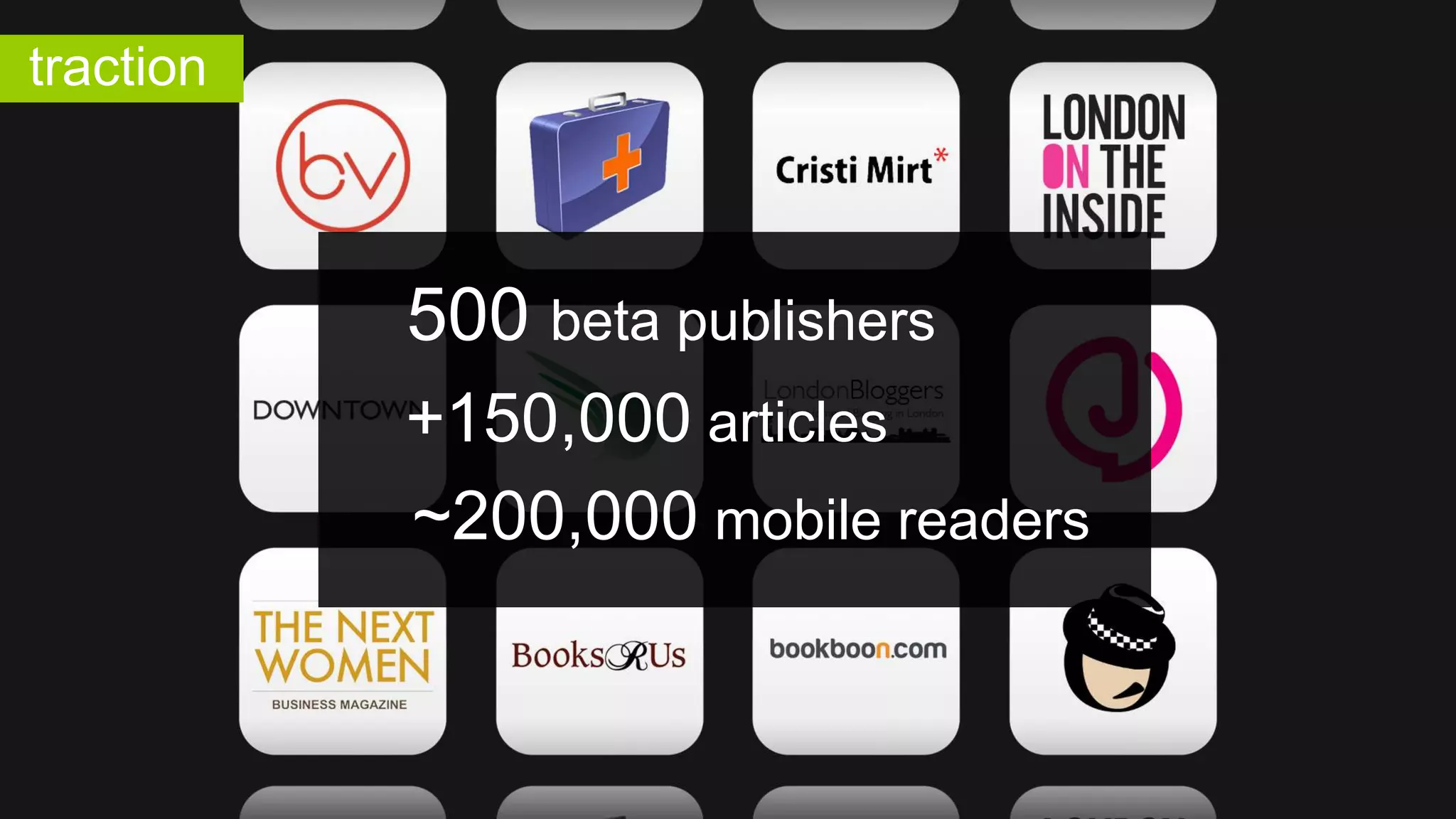 traction

500 beta publishers
+150,000 articles
~200,000 mobile readers

 