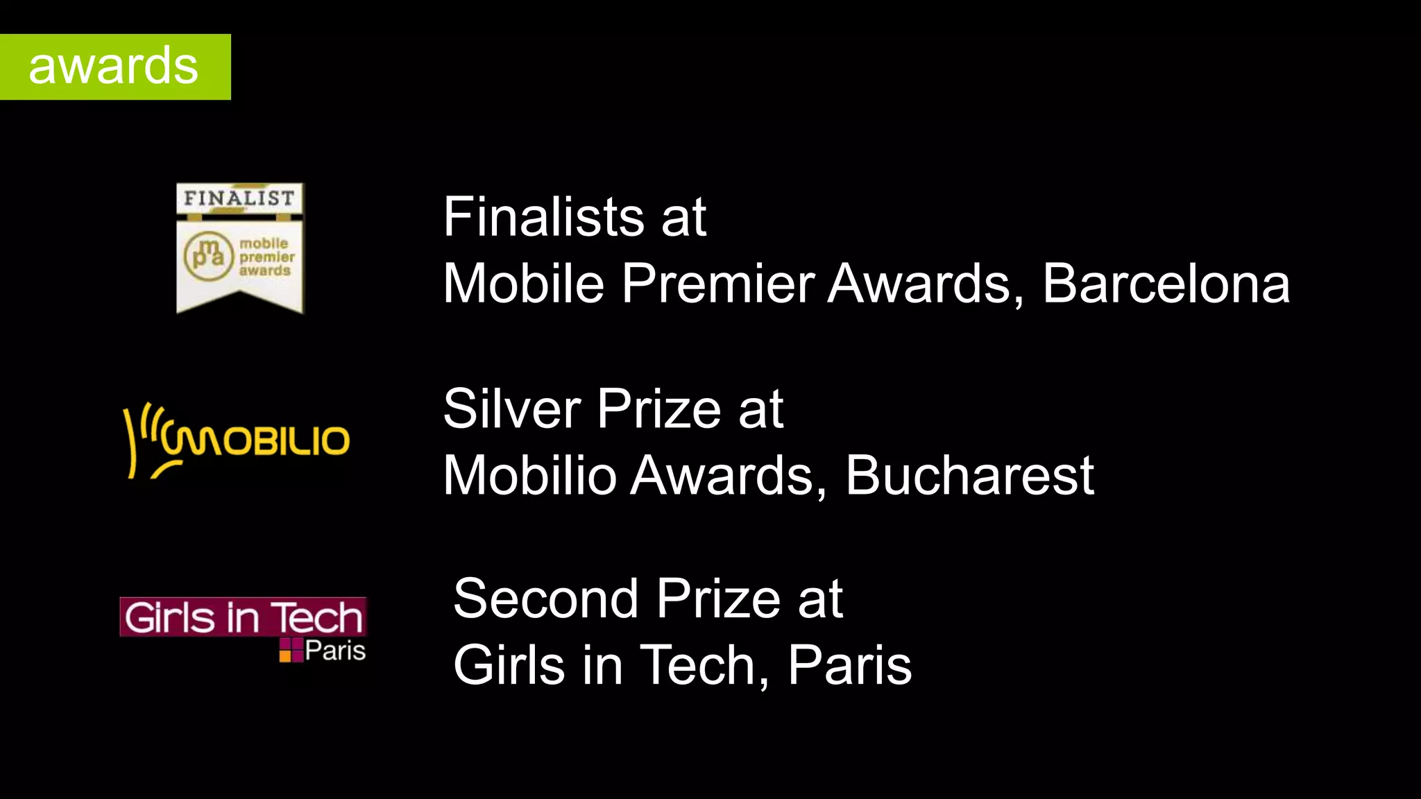 awards

Finalists at
Mobile Premier Awards, Barcelona
Silver Prize at
Mobilio Awards, Bucharest
Second Prize at
Girls in Tech, Paris

 