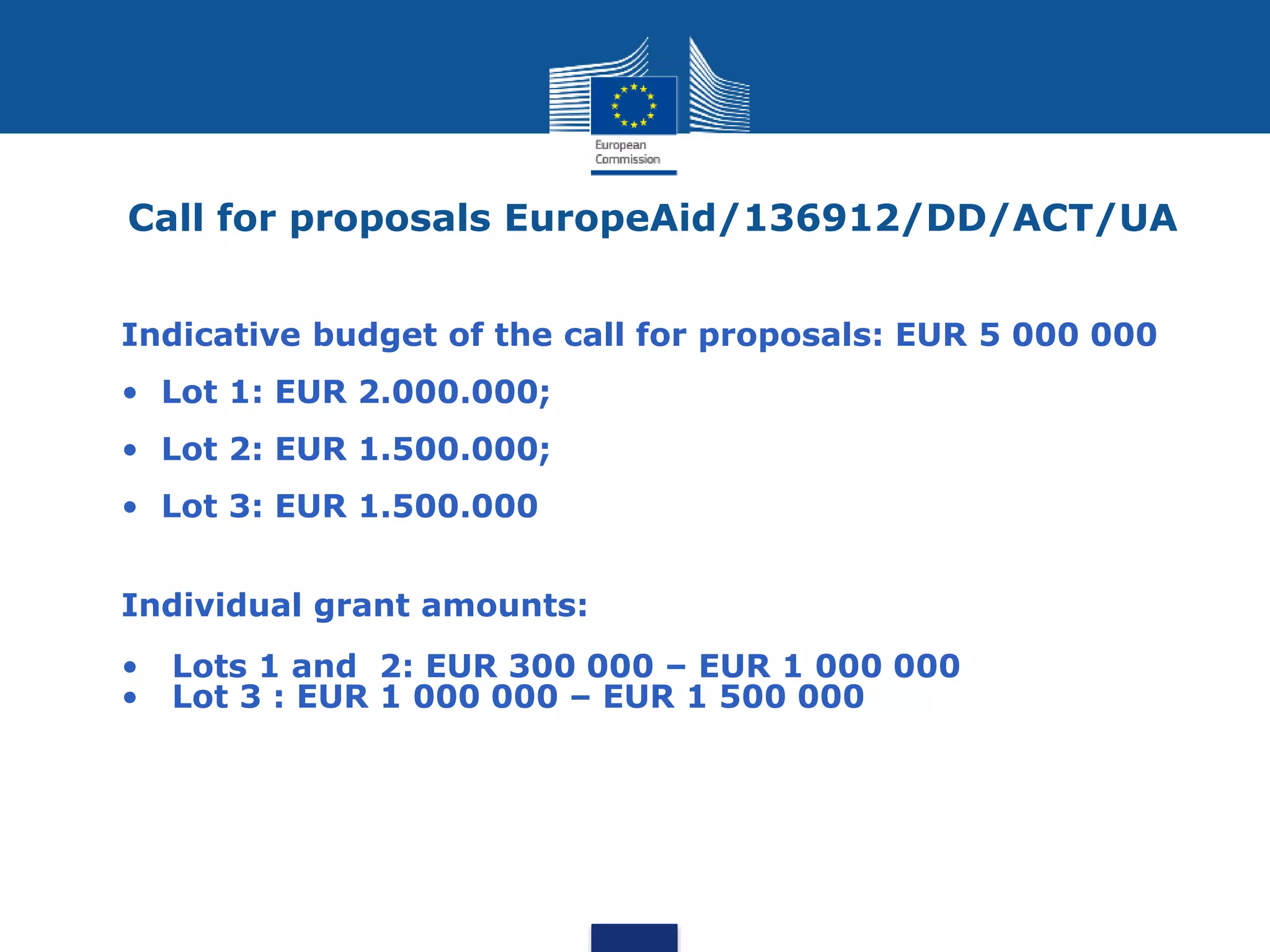 Call for proposals EuropeAid/136912/DD/ACT/UA
Indicative budget of the call for proposals: EUR 5 000 000
• Lot 1: EUR 2.000.000;
• Lot 2: EUR 1.500.000;
• Lot 3: EUR 1.500.000
Individual grant amounts:
• Lots 1 and 2: EUR 300 000 – EUR 1 000 000
• Lot 3 : EUR 1 000 000 – EUR 1 500 000
 