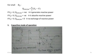 For small Ө0 ;
QSTATCOM =
𝑉0
𝑋
(𝑉0 − 𝑉)
If V0 > V; QSTATCOM = +ve → it generates reactive power
If V0 < V; QSTATCOM = -ve → it absorbs reactive power
If V0 = V; QSTATCOM = 0 → no exchange of reactive power
1. Capacitive mode of operation
8/14/2017 STATCOM 20
 
