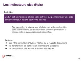 18
Intérêts
➔ Les KPIs permettent d’évaluer l’échec ou la réussite des actions
➔ Ils transforment les données en informations utilisables
➔ Ils conduisent à des actions et évitent des erreurs
Les Indicateurs clés (Kpis)
Un KPI est un indicateur clé (de votre activité) qui permet d’avoir une aide
décisionnelle (aux actions pour votre activité).
Par exemple : la vitesse qui s’affiche sur votre tachymètre
dans votre voiture, est un indicateur clé vous permettant d’
ajuster celle-ci aux conditions de circulation.
Définition
 