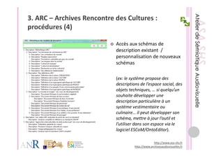 3. ARC – Archives Rencontre des Cultures : 
procédures (4)
    éd      (4)

                            Accès aux schémas de 
                            A è         hé      d
                            description existant  / 
                            personnalisation de nouveaux                      
                            schémas 

                            (ex: le système propose des 
                            (ex: le système propose des
                            descriptions de l’espace social, des 
                            objets techniques, … si quelqu’un 
                            souhaite développer une 
                            souhaite développer une
                            description particulière à un 
                            système vestimentaire ou 
                            culinaire… il peut développer son 
                                          p           pp
                            schéma, mettre à jour l’outil et 
                            l’utiliser dans son espace via le 
                               g
                            logiciel ESCoM/OntoEditor). )

                                                   http://www.asa‐shs.fr
                                      http://www.archivesaudiovisuelles.fr
 