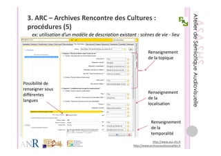 3. ARC – Archives Rencontre des Cultures : 
  procédures (5)
      éd      (5)
    ex: utilisation d’un modèle de description existant : scènes de vie ‐ lieu


                                                                 Renseignement 
                                                                 de la topique




Possibilité de 
renseigner sous 
                                                                 Renseignement 
différentes 
différentes
                                                                 de la 
langues
                                                                 localisation


                                                                   Renseignement 
                                                                   de la 
                                                                   temporalité
                                                                   http://www.asa‐shs.fr
                                                      http://www.archivesaudiovisuelles.fr
 