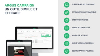 OPTIMISATION AUTOMATIQUE
SEGMENTATION POUSSEE
SERVICE CENTRALISÉ
PLATFORME SELF SERVICE
20 M D’ADRESSES EMAILS
EXÉCUTION RAPIDE
VISIBILITÉ ACCRUE
ARGUS CAMPAIGN
UN OUTIL SIMPLE ET
EFFICACE
 