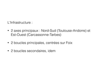 L'Infrastructure :
• 2 axes principaux : Nord-Sud (Toulouse-Andorre) et
Est-Ouest (Carcassonne-Tarbes)
• 2 boucles princip...