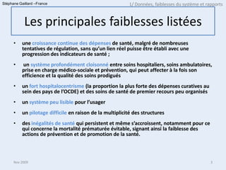 Stéphane Gaillard –France                                 1/ Données, faiblesses du système et rapports


            Les principales faiblesses listées
      •   une croissance continue des dépenses de santé, malgré de nombreuses
          tentatives de régulation, sans qu’un lien réel puisse être établi avec une
          progression des indicateurs de santé ;
      •   un système profondément cloisonné entre soins hospitaliers, soins ambulatoires,
          prise en charge médico-sociale et prévention, qui peut affecter à la fois son
          efficience et la qualité des soins prodigués
      •   un fort hospitalocentrisme (la proportion la plus forte des dépenses curatives au
          sein des pays de l’OCDE) et des soins de santé de premier recours peu organisés
      •   un système peu lisible pour l’usager
      •   un pilotage difficile en raison de la multiplicité des structures
      •   des inégalités de santé qui persistent et même s’accroissent, notamment pour ce
          qui concerne la mortalité prématurée évitable, signant ainsi la faiblesse des
          actions de prévention et de promotion de la santé.



      Nov 2009                                                                                   3
 