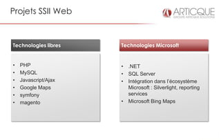 Projets SSII Web


Technologies libres   Technologies Microsoft


•   PHP               • .NET
•   MySQL             • SQL Server
•   Javascript/Ajax   • Intégration dans l’écosystème
•   Google Maps         Microsoft : Silverlight, reporting
•   symfony             services
•   magento           • Microsoft Bing Maps
 