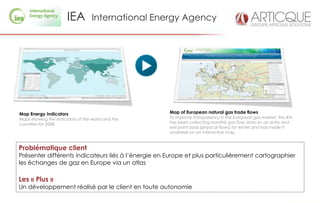 IEA         International Energy Agency




Map Energy Indicators                                Map of European natural gas trade flows
Maps showing the indicators of the world and the     To improve transparency in the European gas market, the IEA
countries for 2008.                                  has been collecting monthly gas flow data on an entry and
                                                     exit point basis (physical flows) for winter and has made it
                                                     available on an interactive map.


Problématique client
Présenter différents indicateurs liés à l’énergie en Europe et plus particulièrement cartographier
les échanges de gaz en Europe via un atlas

Les « Plus »
Un développement réalisé par le client en toute autonomie
 