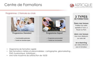 Centre de Formations




 •   Organisme de formation agréé
 •   Des formations métiers et personnalisées : cartographie, géomarketing ,
     PAO, bureautique, statistiques…
 •   Une note moyenne de satisfaction de 18/20
 