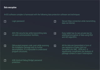 Data encryption
Login password Secure https connection while transmitting
data via Internet;
Every tablet has its own private key for
additional encryption of data using RSA
and AES algorithm;
AES-256 security key while transmitting data
via radio communication facilities;
All the data are transmitted in form of
raw sequence of bytes (and not
formatted into XML, JSON etc). It
significantly complicates the analysis of
package content in case if interception.
Obfuscated program code: even while receiving
the installation package with its further
decompilation, it is impossible to understand
program structures;
ADB (Android Debug Bridge) password
protection;
1 2
7
4
65
3
ArtOS software complex is harnessed with the following data protection software and techniques:
 
