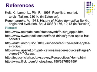 References Kelt, K., Lamp, L., Piir, R., 1997. Puuviljad, marjad,  tervis. Tallinn, 230 lk. (in Estonian) . Ponomarenko, V. 1978. History of  Malus domestica  Borkh. origin and evolution. Bot J USSR 176, 10-18 (in Russian).  Picture: http://www.netstate.com/states/symb/fruit/vt_apple.htm http://www.sweetadditions.net/food-drinks/green-apple-fruit-benefits http://nutritionfor.us/2010/08/superfood-of-the-week-apples-a-recipe/ http://www.apsnet.org/publications/imageresources/Pages/Volume87-7-3.aspx http://legacy.lclark.edu/~seavey/Perspectives/Home.html http://www.flickr.com/photos/hnag150/627665159/ 