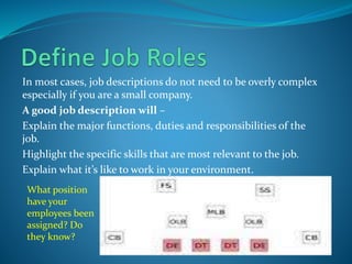 In most cases, job descriptions do not need to be overly complex
especially if you are a small company.
A good job description will –
Explain the major functions, duties and responsibilities of the
job.
Highlight the specific skills that are most relevant to the job.
Explain what it’s like to work in your environment.
What position
have your
employees been
assigned? Do
they know?
 