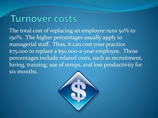 The total cost of replacing an employee runs 50% to
150%. The higher percentages usually apply to
managerial staff. Thus, it can cost your practice
$75,000 to replace a $50,000-a-year employee. Those
percentages include related costs, such as recruitment,
hiring, training, use of temps, and lost productivity for
six months.
 