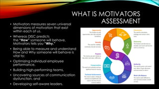 WHAT IS MOTIVATORS
ASSESSMENT
• Motivators measures seven universal
dimensions of motivation that exist
within each of us.
• Whereas DISC predicts
the “How” someone will behave,
Motivators tells you “Why.”
• Being able to measure and understand
How and Why someone will behave is
vital to:
• Optimizing individual employee
performance,
• Building high-performing teams,
• Uncovering sources of communication
dysfunction, and
• Developing self-aware leaders.
 