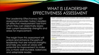 WHAT IS LEADERSHIP
EFFECTIVENESS ASSESSMENT
The Leadership Effectiveness 360°
assessment provides today’s leaders
an effective measurement tool from
which they can objectively assess
their current leadership strengths and
areas for improvement.
The insight from this assessment will
unlock and enhance the parts of
leadership that are natural strengths
and help you work on areas with
potential for improvement to make
you a more well-rounded, balanced,
and adaptable leader.
 