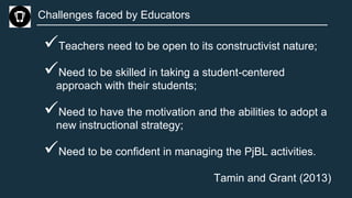 Challenges faced by Educators
Teachers need to be open to its constructivist nature;
Need to be skilled in taking a student-centered
approach with their students;
Need to have the motivation and the abilities to adopt a
new instructional strategy;
Need to be confident in managing the PjBL activities.
Tamin and Grant (2013)
 