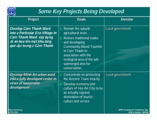 Some Key Projects Being Developed
                 Project                       Goals                         Investor

 Develop Cam Thanh Ward             a. Remain the suburb            Local government
 into a Particular Eco Village in      agricultural areas.
 Cam Thanh Ward xây dựng            b. Restore traditional trades
 đề án bảo tồn một khu làng            and developing
 quê đặc trưng ở Cẩm Thanh             Community-Based Tourism
                                       in Cam Thanh in
                                       association with the
                                       ecological area of the salt-
                                       submerged area for
                                       conservation.
 Develop Minh An urban ward         a. Concentrate on protecting    Local government
 into a fully developed center in      the Ancient Town intactly.
 views of sustainable               b. Develop economy and
 development                           culture of Hoi An City to be
                                       an actually reputed
                                       destination of tourist,
                                       culture and service

     Việ Dũ
Phan Việt Dũng                                                             APEC Ecotourism Conference Sep.
ISTM 2010                                                                           2010 in Sendai - JAPAN
 