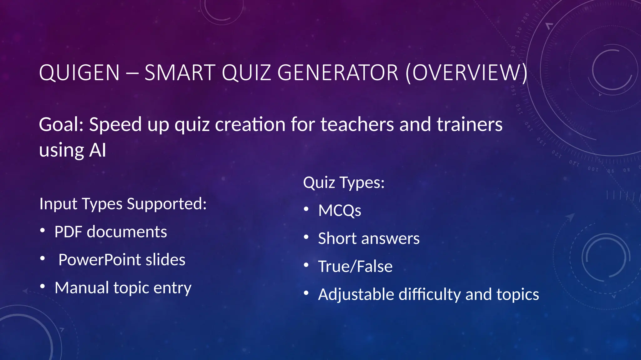 QUIGEN – SMART QUIZ GENERATOR (OVERVIEW)
Input Types Supported:
• PDF documents
• PowerPoint slides
• Manual topic entry
Quiz Types:
• MCQs
• Short answers
• True/False
• Adjustable difficulty and topics
Goal: Speed up quiz creation for teachers and trainers
using AI
 