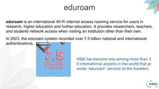 eduroam
eduroam is an international Wi-Fi internet access roaming service for users in
research, higher education and further education. It provides researchers, teachers,
and students network access when visiting an institution other than their own.
In 2023, the eduroam system recorded over 7.5 billion national and international
authentications.
HSIA has become one among more than 3
0 international airports in the world that pr
ovide “eduroam” services to the travelers.
 