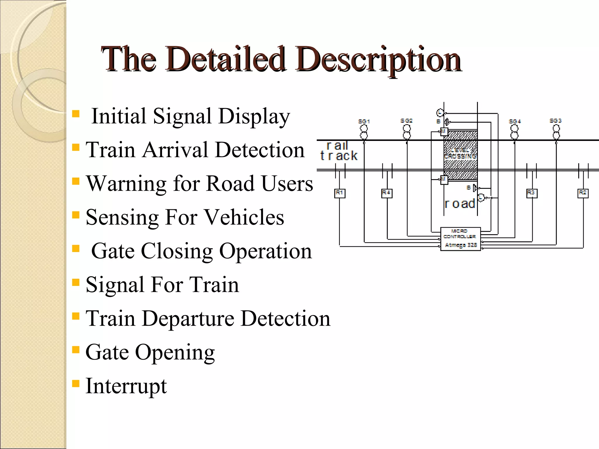 The Detailed Description
 Initial Signal Display
 Train Arrival Detection
 Warning for Road Users
 Sensing For Vehicles
 Gate Closing Operation
 Signal For Train
 Train Departure Detection
 Gate Opening
 Interrupt
 