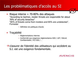 Les problématiques d’accès au SI Risque interne = 70-80% des attaques  ‘‘According to Gartner, insider threats are responsible for about 70% of security breaches’’ ‘‘ 80% of threats come from insiders and 65% are undetected ’’, Forrester Définition de politiques d’accès Traçabilité Réglementations internes Conformité aux exigences réglementaires SOX / LSF / Décret Confidentialité / PCI DSS / … s’assurer de l’identité des utilisateurs qui accèdent au S.I. est une exigence fondamentale. 