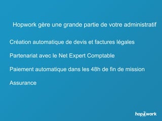 Hopwork gère une grande partie de votre administratif
Création automatique de devis et factures légales
Partenariat avec le Net Expert Comptable
Paiement automatique dans les 48h de fin de mission
Assurance
 