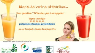 Merci de votre attention…
Une question ? N’hésitez pas à m’appeler :
Sophie Ensminger
03 87 06 16 16
protourisme@tourisme-paysdebitche.fr
ou sur Facebook : Sophie Ensminger Pro
Projet réalisé grâce au concours financier de :
 