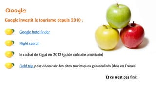 Google
Google investit le tourisme depuis 2010 :
Google hotel finder
Flight search
le rachat de Zagat en 2012 (guide culinaire américain)
Field trip pour découvrir des sites touristiques géolocalisés (déjà en France)
Et ce n’est pas fini !
 