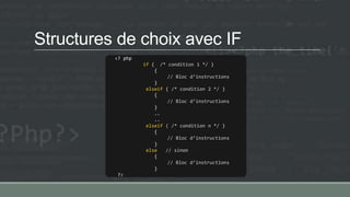 Structures de choix avec IF
<? php
if ( /* condition 1 */ )
{
// Bloc d’instructions
}
elseif ( /* condition 2 */ )
{
// Bloc d’instructions
}
..
..
elseif ( /* condition n */ )
{
// Bloc d’instructions
}
else // sinon
{
// Bloc d’instructions
}
?>
 