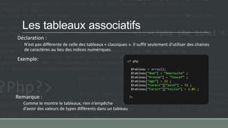 Les tableaux associatifs
Déclaration :
N’est pas différente de celle des tableaux « classiques ». Il suffit seulement d’utiliser des chaines
de caractères au lieu des indices numériques.
Exemple:
Remarque :
Comme le montre le tableaux, rien n’empêche
d’avoir des valeurs de types différents dans un tableau
<? php
$tableau = array();
$tableau[‚Nom‛] = ‚Amarouche‛ ;
$tableau[‚Prenom‛] = ‚Youcef‛ ;
$tableau[‚Age‛] = 22 ;
$tableau[‚Caract‛][‚poid‛] = 72 ;
$tableau[‚Caract‛][‚taille‛] = 1.85 ;
?>
 
