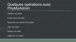 Quelques opérations avec
PhpMyAdmin
Modifier une table
Insérer dans une table
Supprimer une entrée d’une table
Vider une table
Ajouter une table
Supprimer une table
 