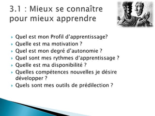 








Quel est mon Profil d’apprentissage?
Quelle est ma motivation ?
Quel est mon degré d’autonomie ?
Quel sont mes rythmes d‘apprentissage ?
Quelle est ma disponibilité ?
Quelles compétences nouvelles je désire
développer ?
Quels sont mes outils de prédilection ?

 