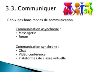 Choix des bons modes de communication
Communication asynchrone :
• Messagerie
• forum
Communication synchrone :
• Chat
• Vidéo conférence
• Plateformes de classe virtuelle

 