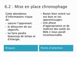 Cette abondance
d’informations risque
de:
 saturer l’apprenant;
 le détourner de ses
objectifs;
 lui faire perdre
beaucoup de temps et
d’énergie.
Risques





Rester bien centré sur
ses buts et ses
apprentissages;
Une phase
d’appropriation et de
maîtrise des outils du
Web 2 nous paraît
incontournable.

Points d’attention

 