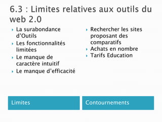 







La surabondance
d’Outils
Les fonctionnalités
limitées
Le manque de
caractère intuitif
Le manque d’efficacité

Limites







Rechercher les sites
proposant des
comparatifs
Achats en nombre
Tarifs Education

Contournements

 