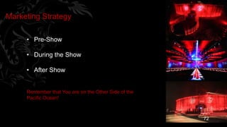 Marketing Strategy

     • Pre-Show

     • During the Show

     • After Show


     Remember that You are on the Other Side of the
     Pacific Ocean!



                                                      72
 