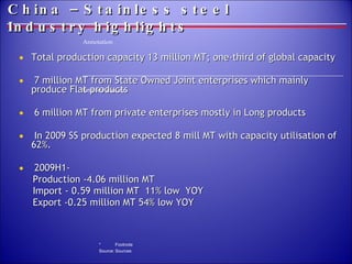 China –Stainless steel Industry highlights Total production capacity 13 million MT; one-third of global capacity 7 million MT from State Owned Joint enterprises which mainly produce Flat products 6 million MT from private enterprises mostly in Long products In 2009 SS production expected 8 mill MT with capacity utilisation of 62%.  2009H1-  Production -4.06 million MT Import - 0.59 million MT  11% low  YOY Export -0.25 million MT 54% low YOY 
