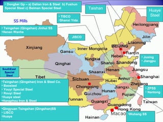 Tsingshan (Qingshan) Iron & Steel Co. Baosteel Youyi Special Steel Rouyi Steel Huaye steel Hangzhou Iron & Steel Qingyuan Tsingshan (Qingshan)SS LISCO Huaye Tsingshan (Qingshan) Jinhui SS Henan Wanhe Dongbei Gp – a) Dalian Iron & Steel  b) Fushun Special Steel c) Beiman Special Steel Wuhang SS TISCO Shanxi Yida ZPSS Nantong Huaye Steel JISCO Taishan SouthEast  Special Steel Juxing Jiangpu SS Mills 