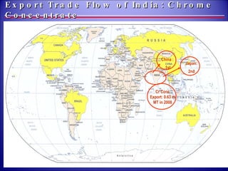 China :  1st Japan: 2nd Cr Conc Export: 0.63 m MT in 2008 Export Trade Flow of India: Chrome Concentrate 