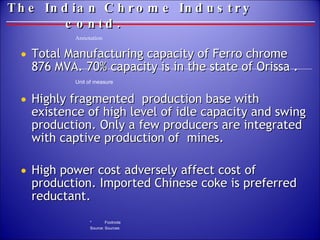 The Indian Chrome Industry  contd. Total Manufacturing capacity of Ferro chrome  876 MVA. 70% capacity is in the state of Orissa .  Highly fragmented  production base with existence of high level of idle capacity and swing production. Only a few producers are integrated with captive production of  mines. High power cost adversely affect cost of production. Imported Chinese coke is preferred reductant.  