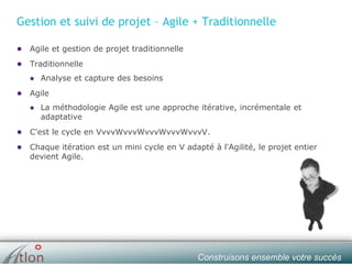 slide № 9 v.1.0 ∙ 01/01/15 ∙ AHOConstruisons ensemble votre succès
Gestion et suivi de projet – Agile + Traditionnelle
● Agile et gestion de projet traditionnelle
● Traditionnelle
● Analyse et capture des besoins
● Agile
● La méthodologie Agile est une approche itérative, incrémentale et
adaptative
● C'est le cycle en VvvvWvvvWvvvWvvvWvvvV.
● Chaque itération est un mini cycle en V adapté à l'Agilité, le projet entier
devient Agile.
 