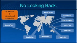 No Looking Back.
VietnamPlas
ChinaPlas
IndoPlasArgenPlas
DubaiPlas
Kazakhstan
ThaiPlas
SaudiPlas
24 National
&
International
Exhibitions
PlastIndia
 