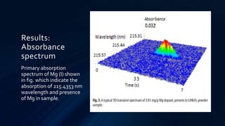 Results:
Absorbance
spectrum
Primary absorption
spectrum of Mg (I) shown
in fig. which indicate the
absorption of 215.4353 nm
wavelength and presence
of Mg in sample.
 