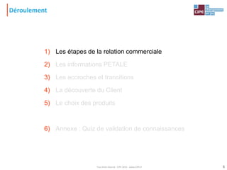 Déroulement
1) Les étapes de la relation commerciale
2) Les informations PETALE
3) Les accroches et transitions
4) La découverte du Client
5) Le choix des produits
6) Annexe : Quiz de validation de connaissances
6Tout droit réservé - CIPE 2015 - www.CIPE.fr
 