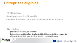 .	
  .	
  .	
  	
  	
  
.	
  .	
  .	
  	
  	
  
.	
  .	
  .	
  	
  
	
  	
  
.	
  .	
  .	
  
.	
  .	
  .	
  .	
  .	
  .	
  	
  	
  
Entreprises éligibles
•  TPE	
  Rhônalpines	
  	
  
•  Employant	
  entre	
  1	
  et	
  10	
  salariés	
  	
  
•  Secteurs	
  d’ac2vités	
  :	
  industrie,	
  commerce,	
  services,	
  ar2sanat	
  
	
  
•  Non	
  éligibles	
  :	
  	
  
•  professions	
  libérales,	
  associa2ons	
  
•  Entreprises	
  ayant	
  bénéﬁcié	
  de	
  plus	
  de	
  200.000	
  euros	
  d’aides	
  relevant	
  du	
  
régime	
  «	
  De	
  minimis	
  »	
  sur	
  les	
  deux	
  derniers	
  exercices	
  ﬁscaux	
  
 