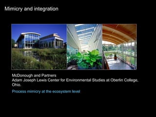McDonough and Partners
Adam Joseph Lewis Center for Environmental Studies at Oberlin College,
Ohio.
Mimicry and integration
Process mimicry at the ecosystem level
 