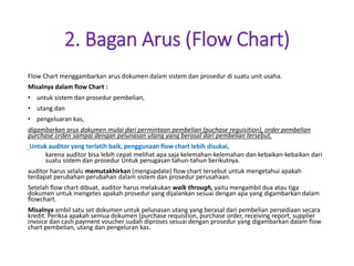 2. Bagan Arus (Flow Chart)
Flow Chart menggambarkan arus dokumen dalam sistem dan prosedur di suatu unit usaha.
Misalnya dalam flow Chart :
• untuk sistem dan prosedur pembelian,
• utang dan
• pengeluaran kas,
digambarkan arus dokumen mulai dari permintaan pembelian (puchase requisition), order pembelian
purchase orden sampai dengan pelunasan utang yang berasal dari pembelian tersebut.
Untuk auditor yang terlatih baik, penggunaan flow chart lebih disukai,
karena auditor bisa lebih cepat melihat apa saja kelemahan-kelemahan dan kebaikan-kebaikan dari
suatu sistem dan prosedur Untuk penugasan tahun-tahun berikutnya.
auditor harus selalu memutakhirkan (mengupdate) flow chart tersebut untuk mengetahui apakah
terdapat perubahan-perubahan dalam sistem dan prosedur perusahaan.
Setelah flow chart dibuat, auditor harus melakukan walk through, yaitu mengambil dua atau tiga
dokumen untuk mengetes apakah prosedur yang dijalankan sesuai dengan apa yang digambarkan dalam
flowchart.
Misalnya ambil satu set dokumen untuk pelunasan utang yang berasal dari pembelian persediaan secara
kredit. Periksa apakah semua dokumen (purchase requistion, purchase order, receiving report, supplier
invoice dan cash payment voucher sudah diproses sesuai dengan prosedur yang digambarkan dalam flow
chart pembelian, utang dan pengeluran kas.
 