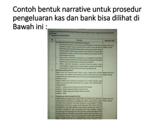 Contoh bentuk narrative untuk prosedur
pengeluaran kas dan bank bisa dilihat di
Bawah ini :
 